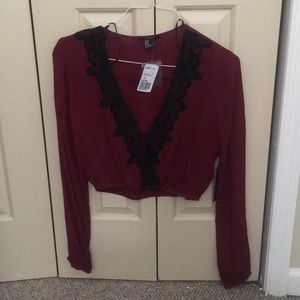 F21 Burgendy Crop Top with sleeves